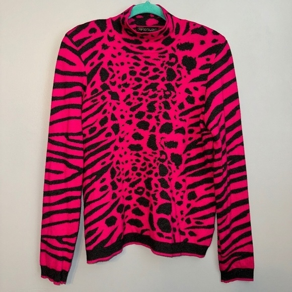 EUC Renuar Animal Print Tiger Leopard Hot Pink Mock Neck Sweater Size Medium - Picture 1 of 6